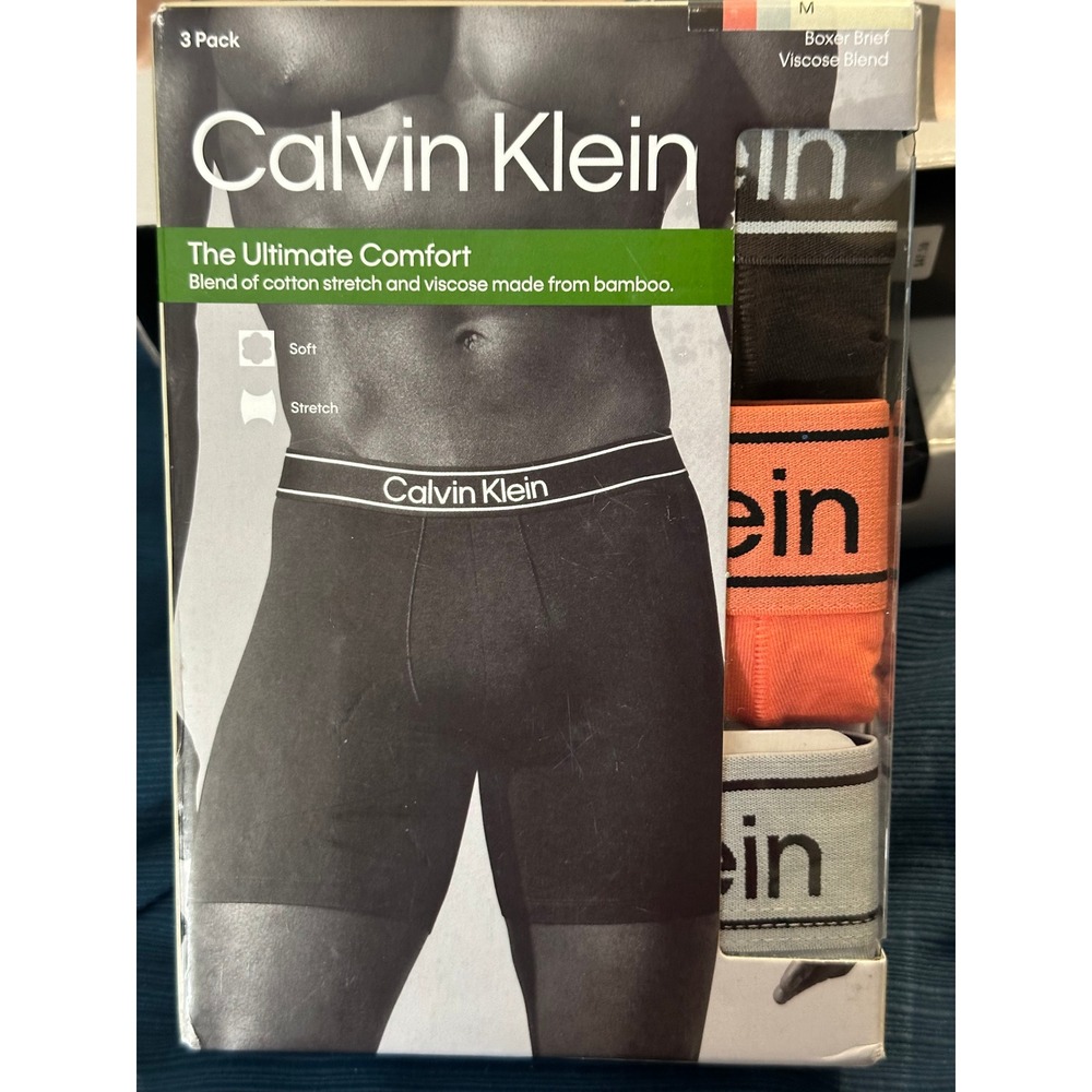 Calvin Klein Mens 3 Pack Boxer Briefs Viscose Bamboo Blend Black Orange Grey M